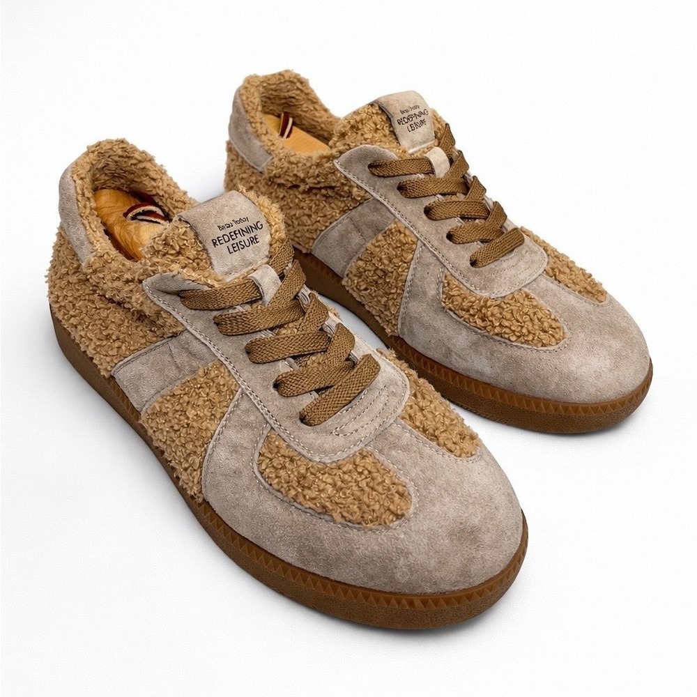 Cozy Shearling Suede Sneakers Neutral Taupe Teddy Lined Gum Sole Casual Shoes